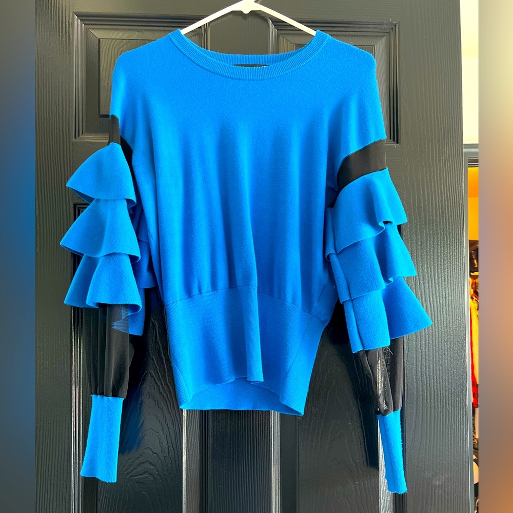 Love Moschino blue ruffle and mesh sweater